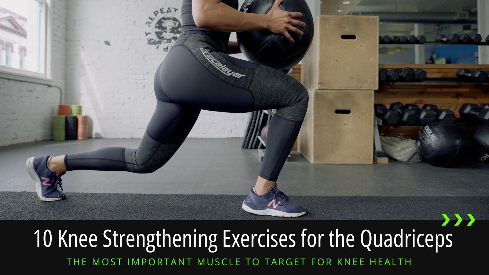 A blog header for 10 Quad Strengthening Exercises for Bad Knees by Bracelayer Blogs. It shows the title in a banner across the bottom of the image, which is a woman performing a lunge with a large kettlebell, wearing Bracelayer's knee support compression