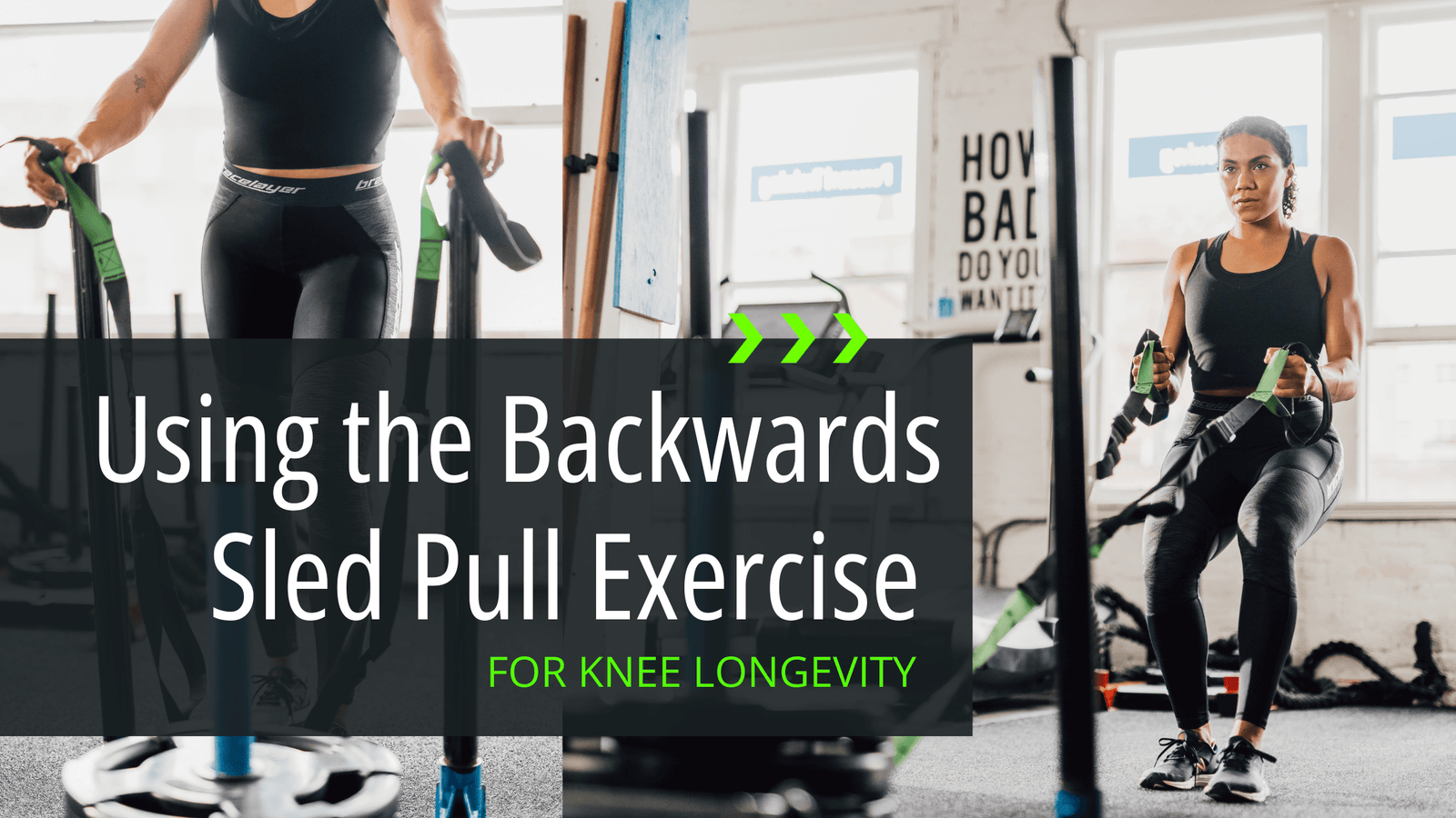Blog banner for "Backwards Sled Pull for Knee Longevity" on Bracelayer® Canada | Knee Compression Gear, sled pull muscles worked, sled pulls muscles work, strengthing knees, backward knees, how to build knee strength, knee pulls