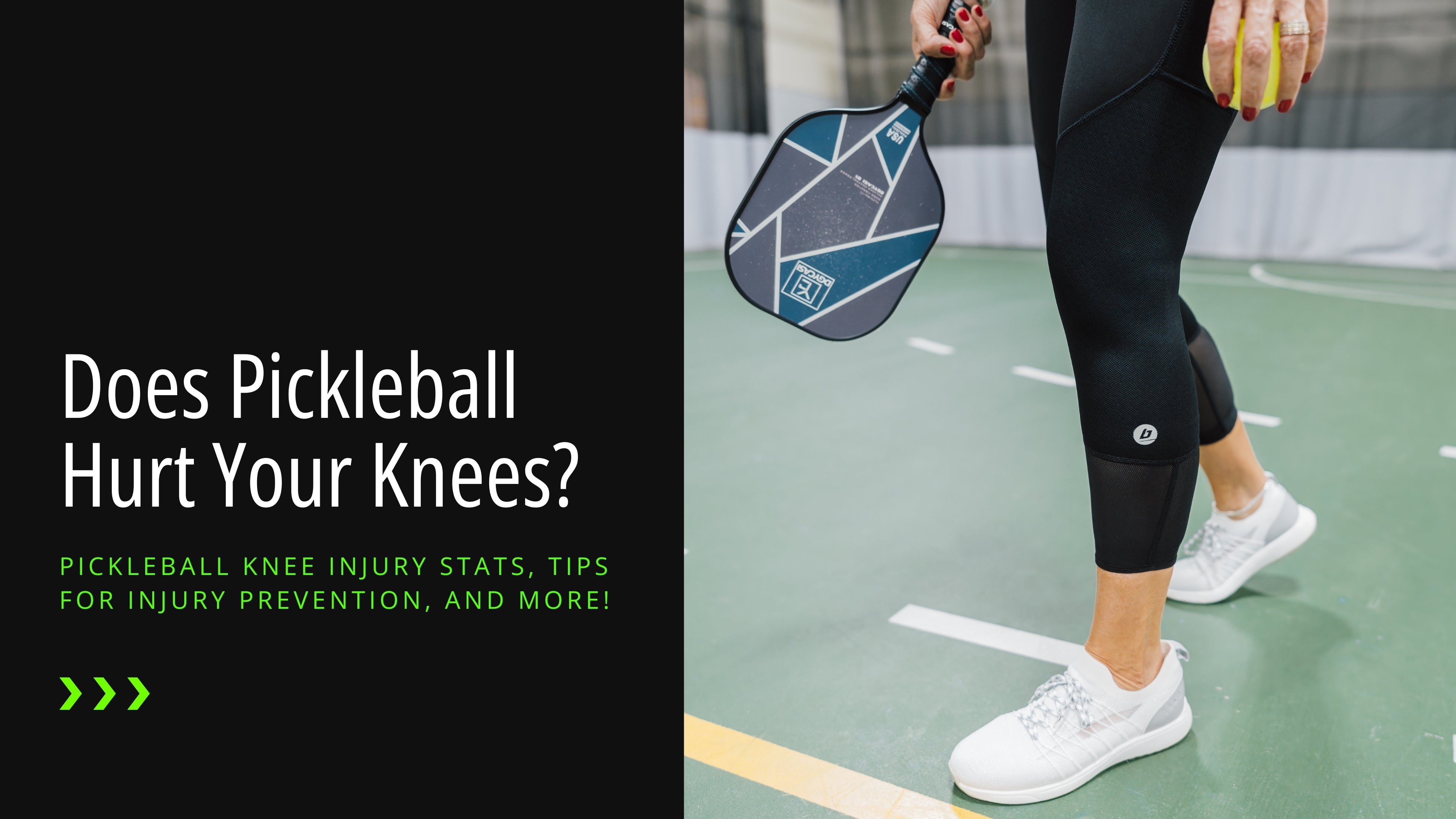 A blog header for Bracelayer's post "Does pickleball hurt your knees?" It is a split graphic, showing the title on the left side of the graphic and a woman from the waist down on a pickleball court. She is holding a pickleball paddle and wiffle ball. She 