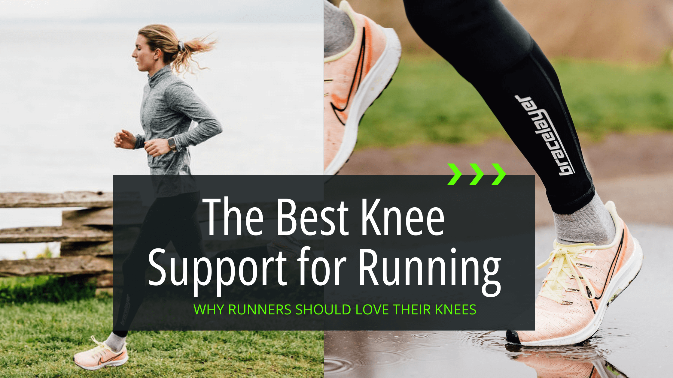 Blog banner for “What is the best knee support for runners?” on Bracelayer Blogs. Bracelayer Knee Stabilizing Compression Pants, compression pants with knee support, knee sleeves, compression knee sleeves, running with knee sleeves, best running knee supp