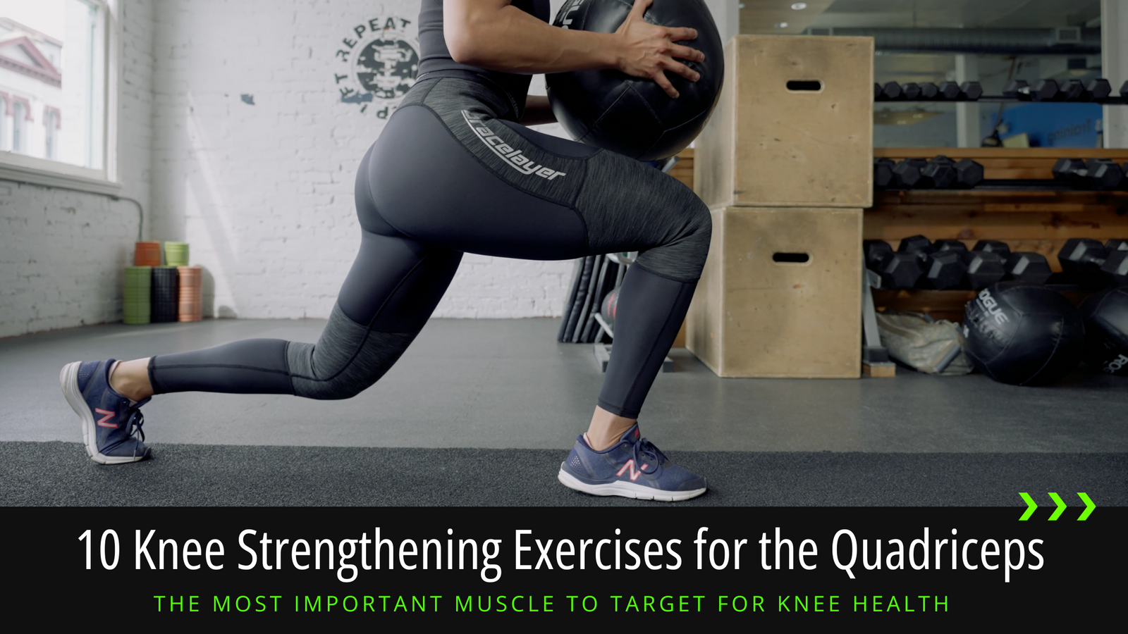 A blog header for 10 Quad Strengthening Exercises for Bad Knees by Bracelayer Blogs. It shows the title in a banner across the bottom of the image, which is a woman performing a lunge with a large kettlebell, wearing Bracelayer's knee support compression 