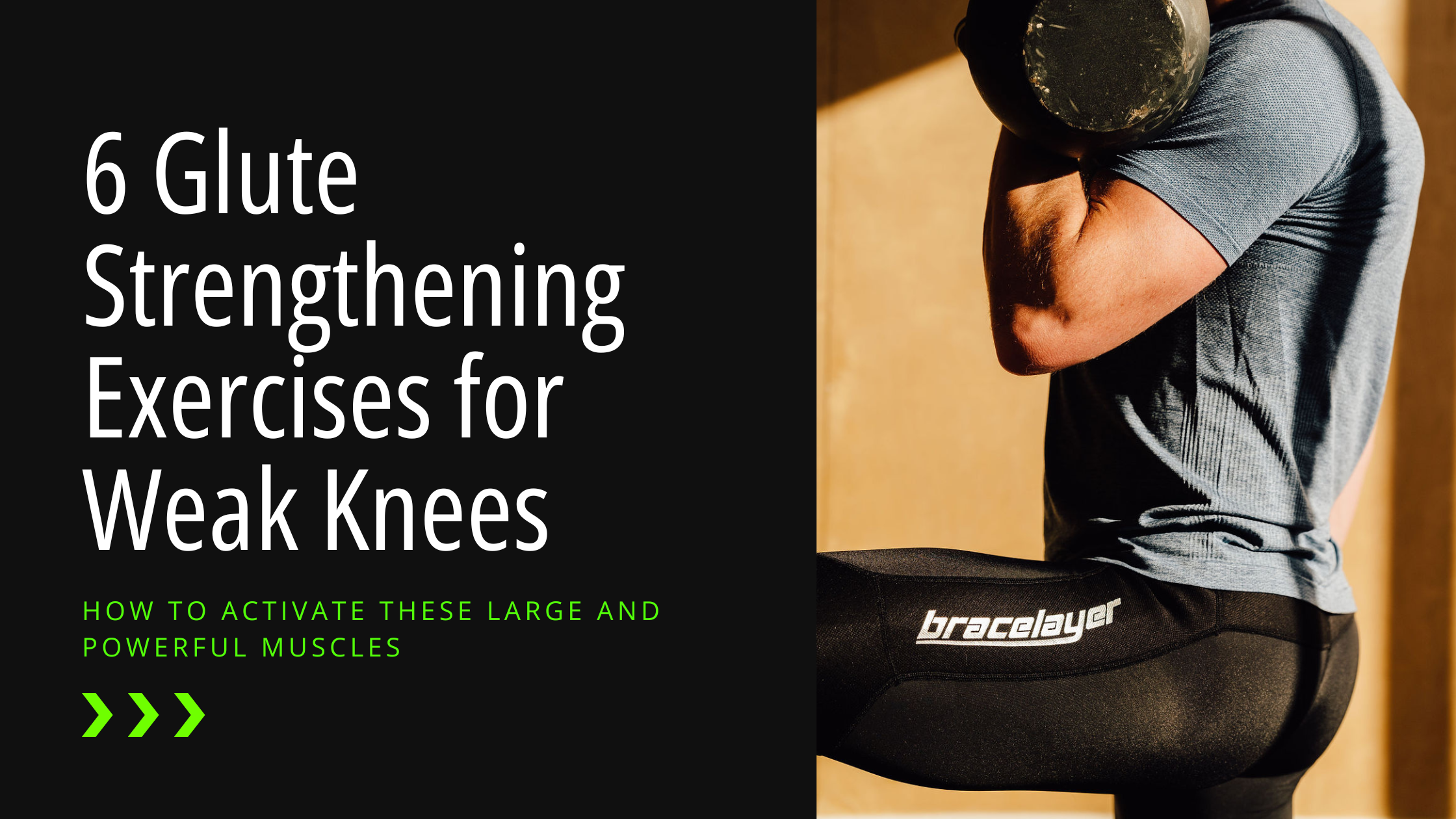 Looking for glute strengthening exercises for knee pain? This blog post has you covered. This image is a header for the blog post, showing the title "6 Glute Strengthening Exercises for Knee Pain" on one third of the image, and a person with their leg up 