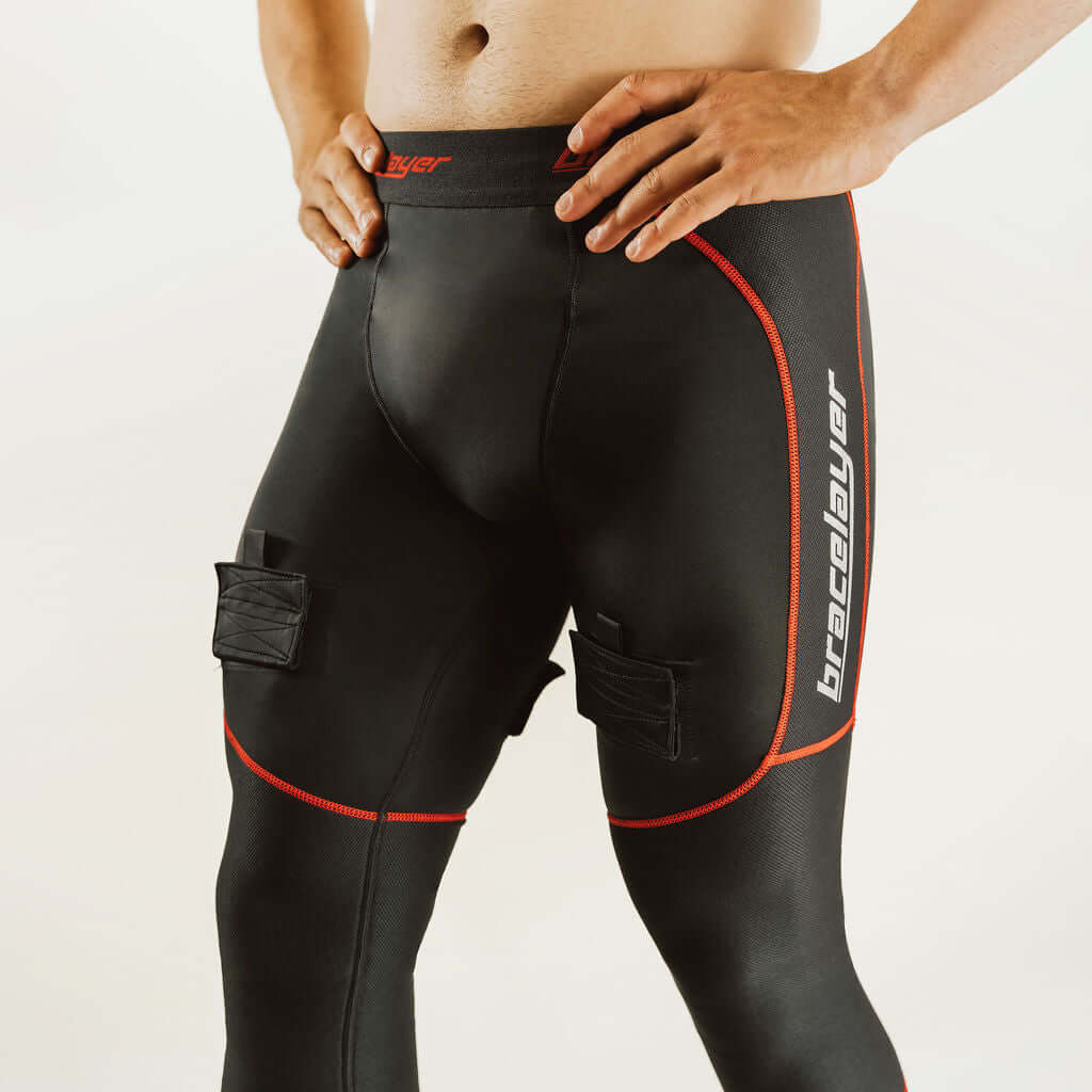 KX2 RedLine | Hockey Compression Pants with cup pouch &  w/ Knee Support frontpage, knee brace for hockey, Hockey, KX2, KX2 RedLine, Men's, Pants, RedLine, Sports, Winter, Knee Brace Hockey, Hockey Knee, Bracelayer® Canada | Knee Compression Gear